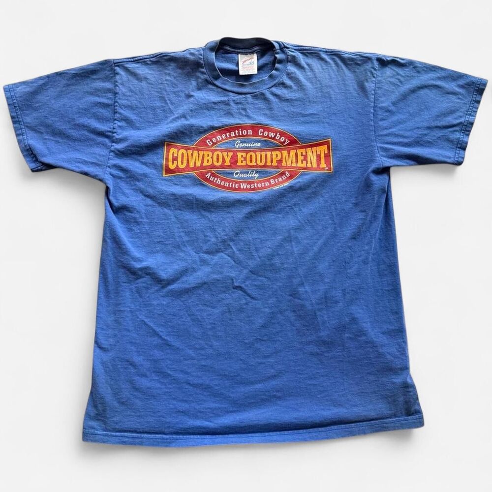 Blue vintage 90s Jerzees cotton t-shirt with 'COWBOY EQUIPMENT' graphic size L